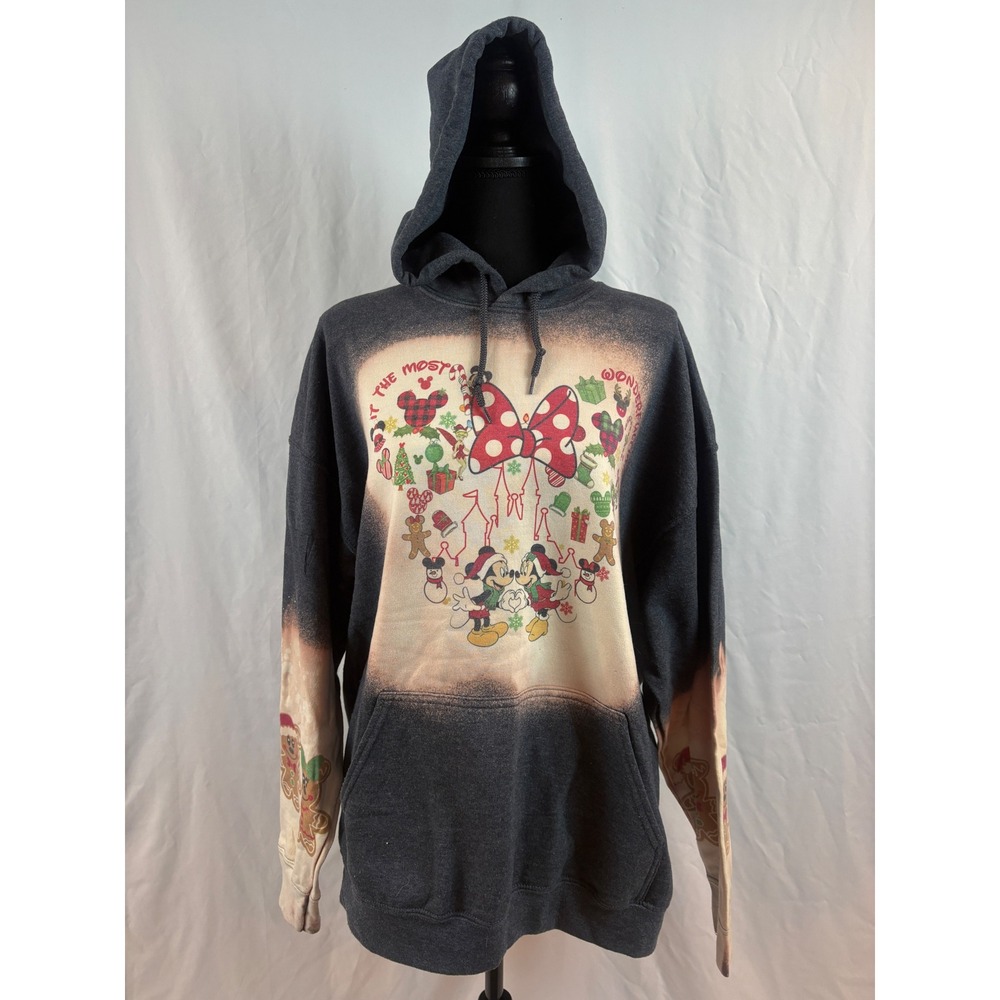 Custom OOAK Disney‎ Mickey Minnie Mouse Christmas Bleached Hoodie Sweatshirt XL